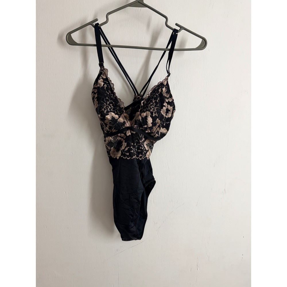 Aerie Intimates Black Gold Lace Bodysuit Floral Strappy Back L V-Neck Lingerie